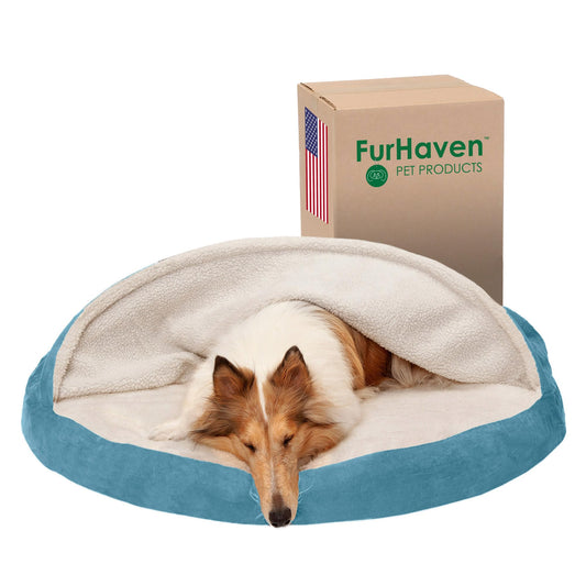 Furhaven Cama para Mascotas para Perros y Gatos, Manta de Sherpa y Gamuza, Cama ortopédica Redonda para Perros, Funda extraíble Lavable a máquina, Azul, 44 Pulgadas
