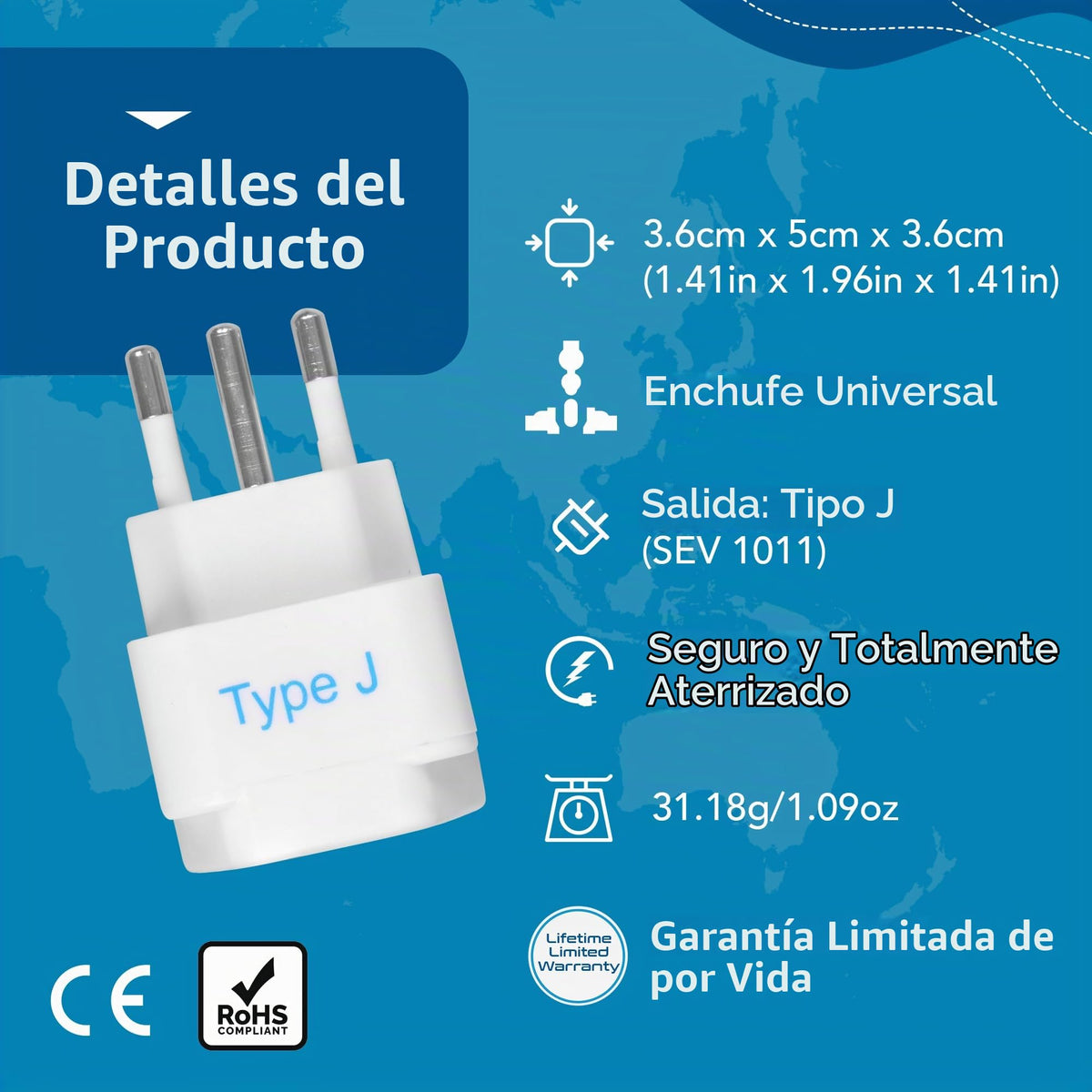 Adaptador de Enchufe de Viaje Ceptics Suiza Tipo J Universal Paquete de 3 Conectado a Tierra