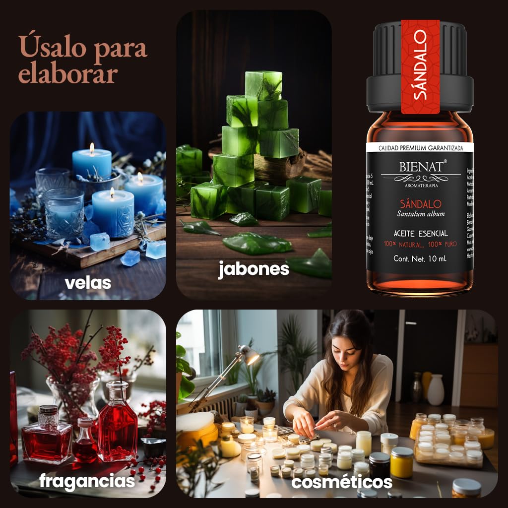 BIENAT AROMATERAPIA Aceite Esencial de Sándalo 10mL | 100% Puro y Concentrado | Ideal para Difusor de Aromas, Humidificador, Aromaterapia, Masajes, Meditación, Jabones y Velas | Esencia Natural en Gotas