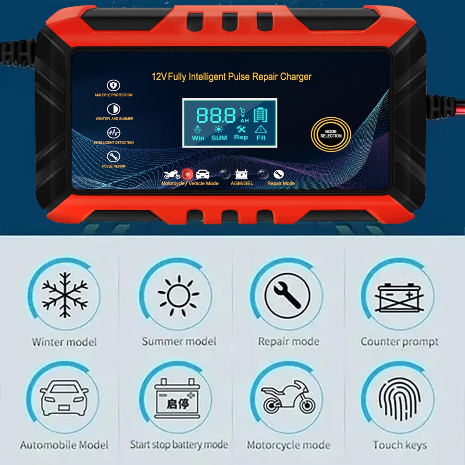 Cargador de Batería Inteligente Automático Qzgyoool 12V 6A con Múltiples Protecciones para Automóviles, Motocicletas, ATVs y Barcos