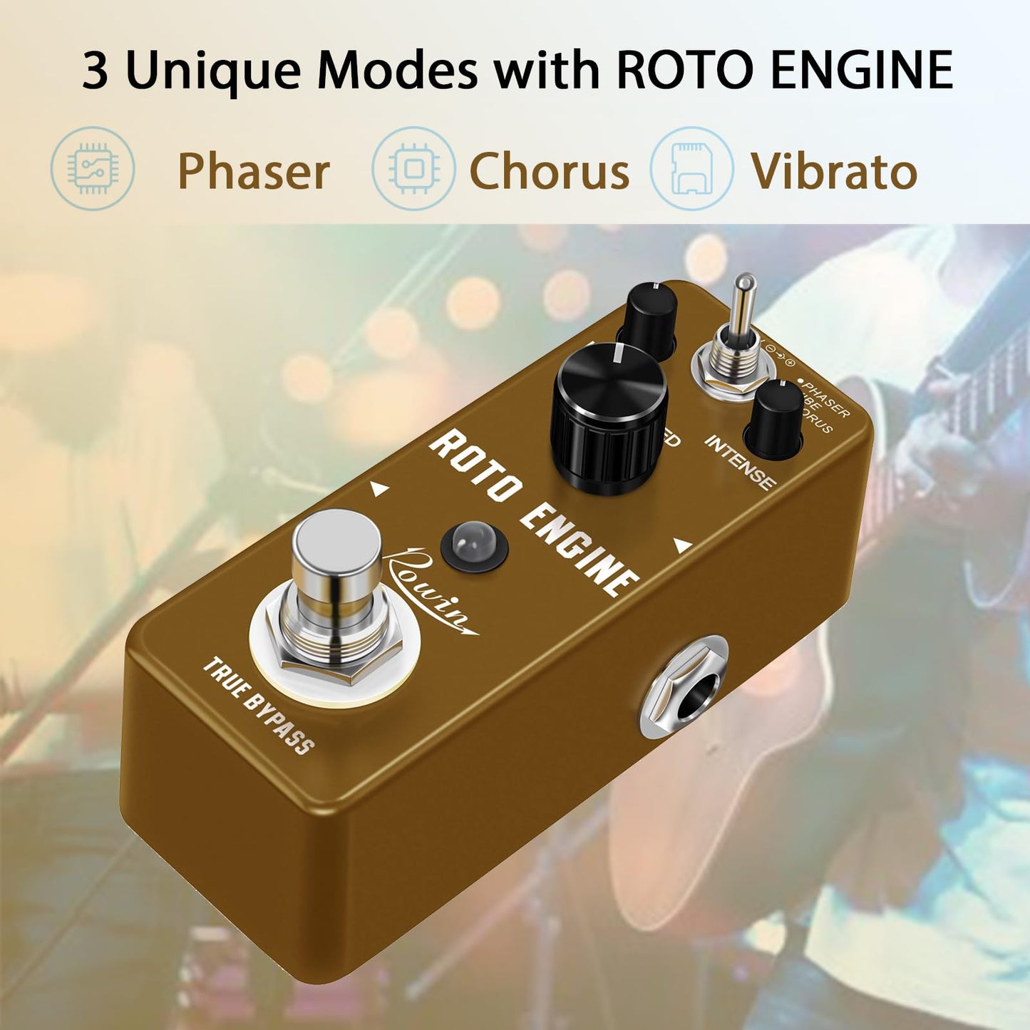 Rowin ROTO ENGINE - Pedal de efectos de simulador de altavoz rotativo Mini pedal de efectos de guitarra digital Phaser/Vibe/Chorus 3 modelos con almacenamiento de pedal de sonido Timbre True Bypass