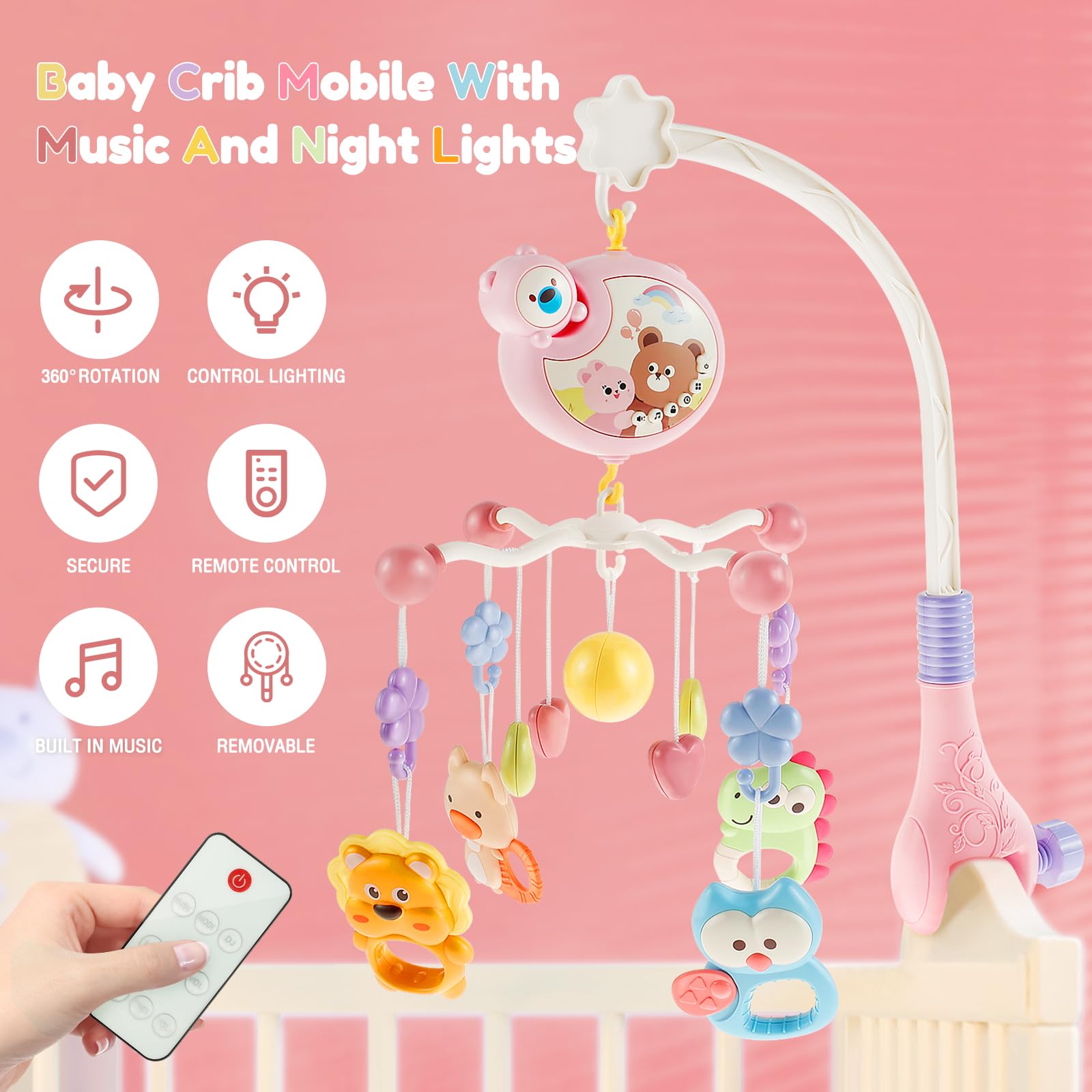 Móvil para cuna musical, juguetes colgantes para cuna con música y luces nocturnas, móvil para cuna de bebe rotación de 360° para bebé, regalo para recién nacidos (rosa)