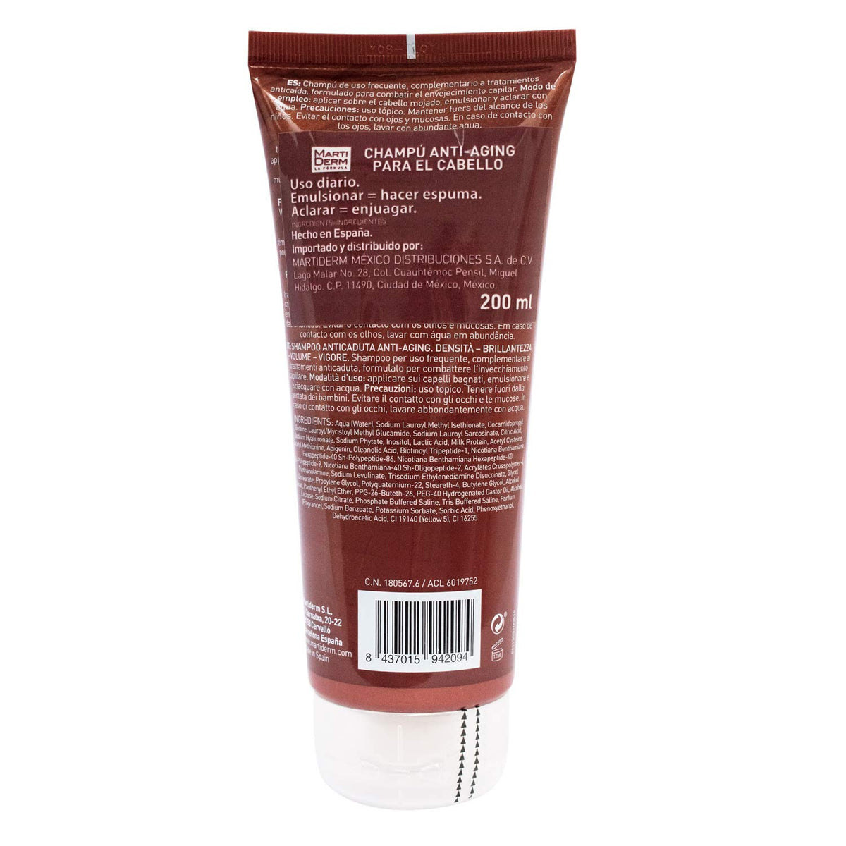 MartiDerm Hair System Champú/Shampoo Anticaída Antiaging. Factores de crecimiento capilar HGFx3 + Ácido hialurónico. Combate el envejecimiento capilar. Aporta densidad, brillo, volumen y vigor - 200 Ml