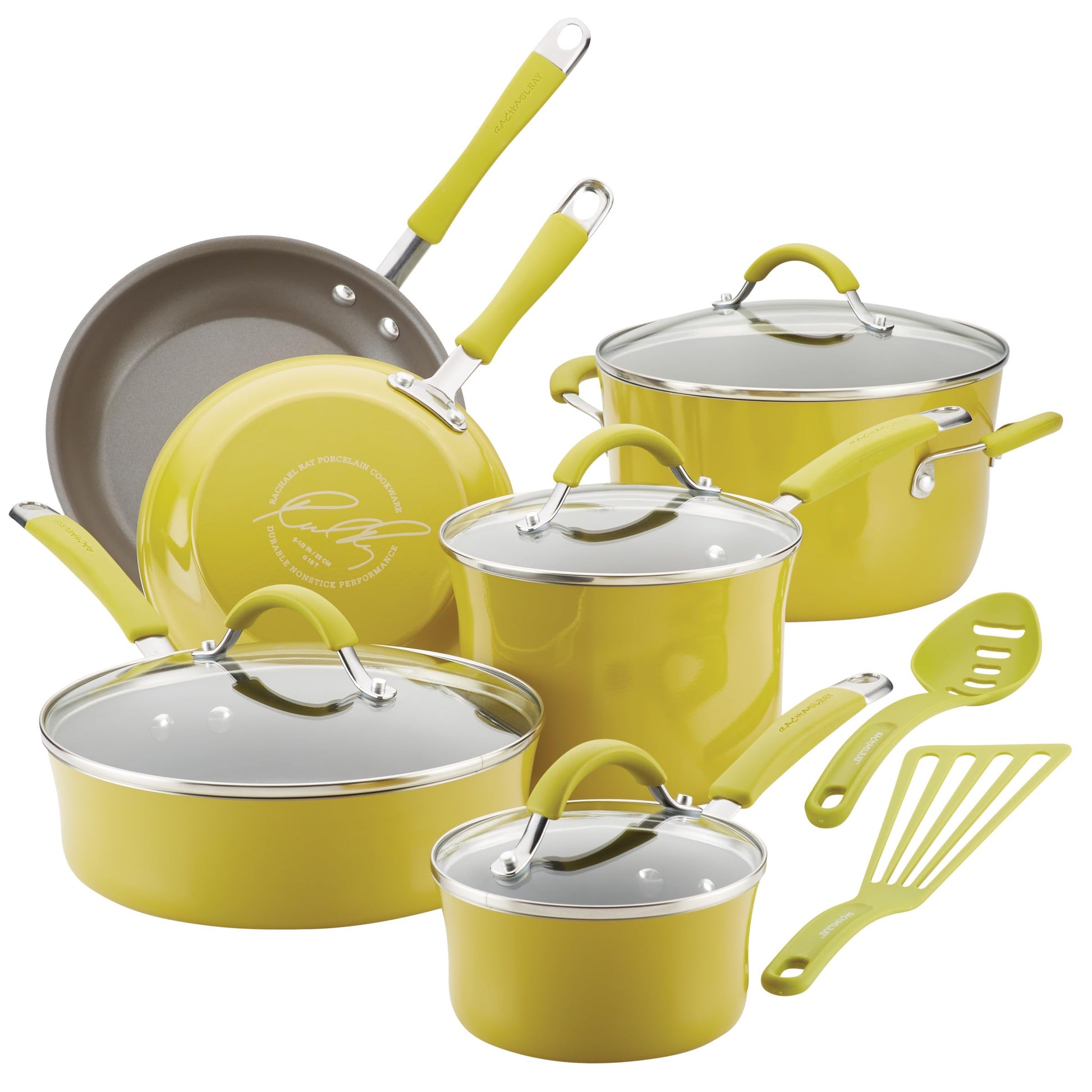 Rachael Ray Cucina - Batería de cocina antiadherente, porcelana dura, 12 piezas, Verde Limon
