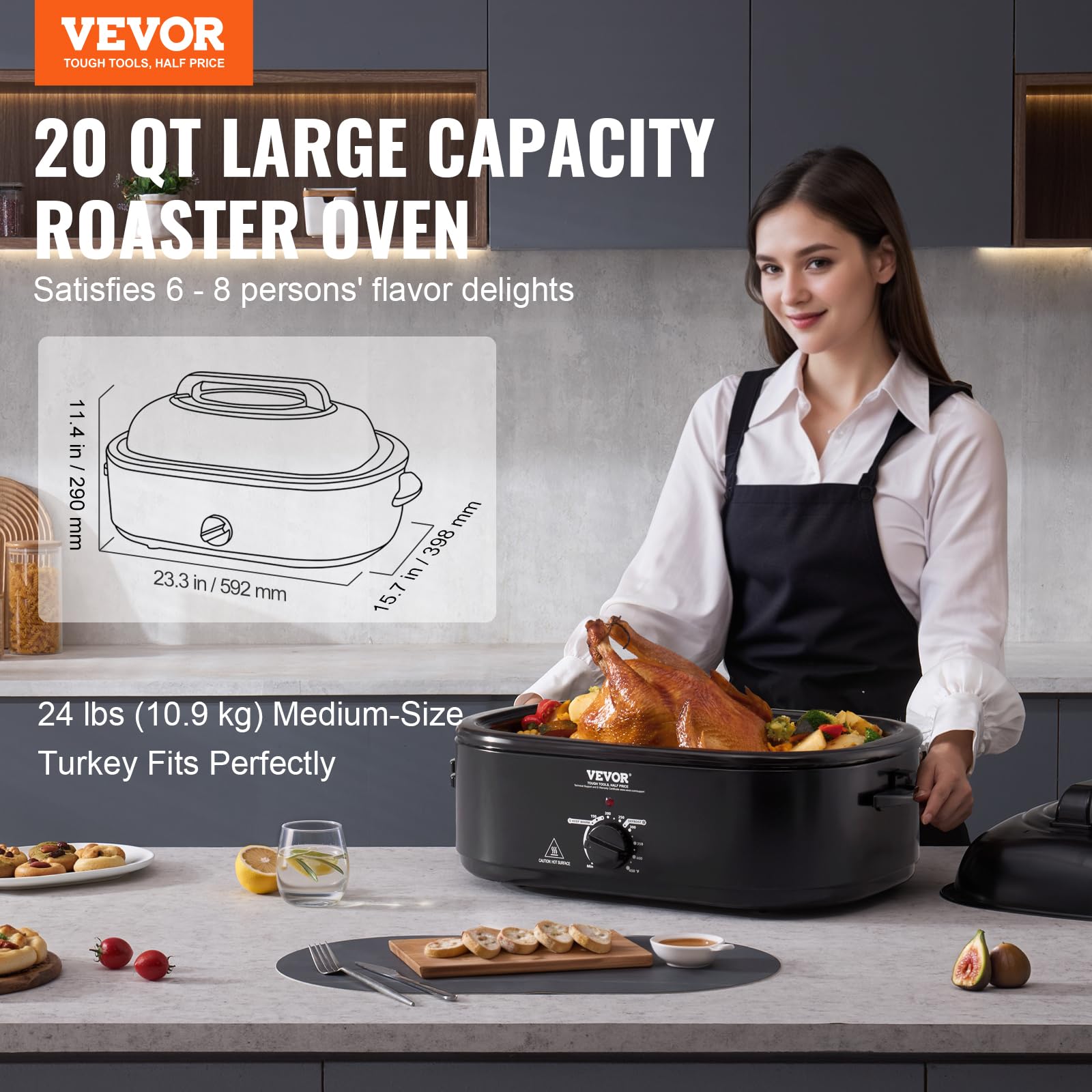 Horno Tostador Eléctrico VEVOR Negro Vidrio Templado 20 Cuartos 1450 W