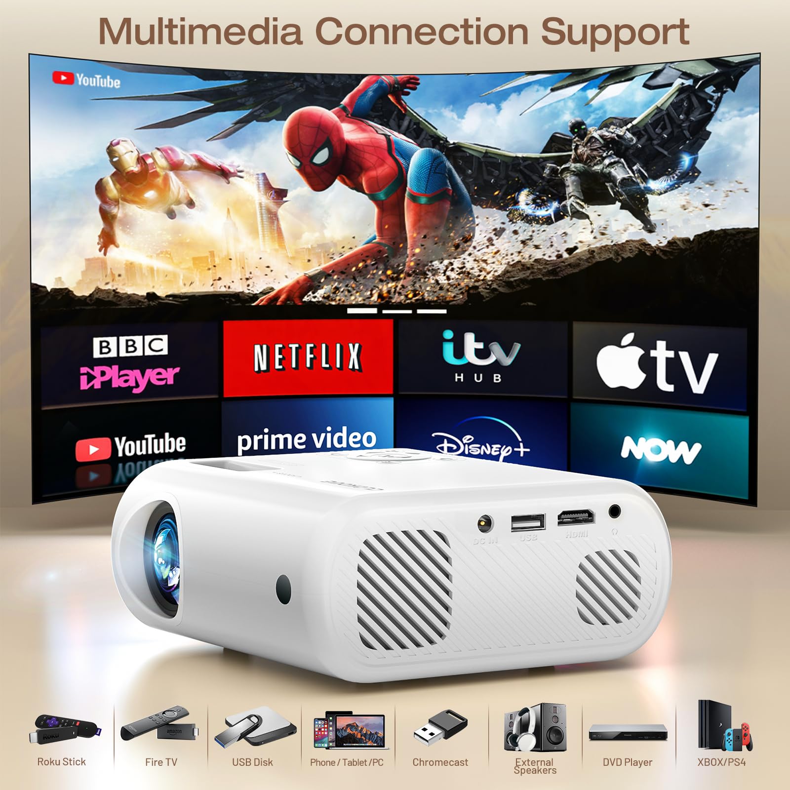 ClokoWe - Proyector portátil actualizado 2024 con 9000 Lux y Full HD 1080P, proyector de película Compatible con iOS/Android, teléfono/Tablet/computadora portátil/PC/TV Stick/Caja/Unidad USB/Consola