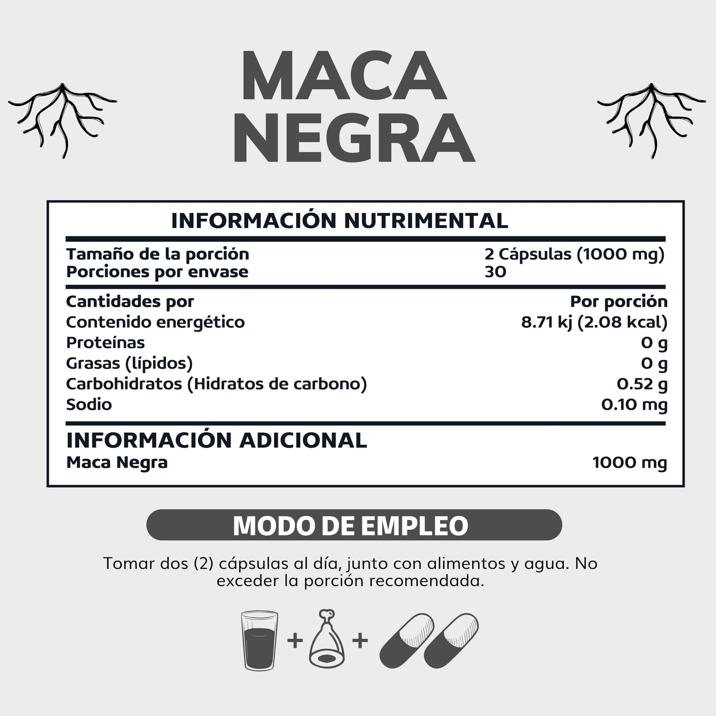 Maca Negra | 1000 mg de Maca Negra Peruana Orgánica por porción | Sin Azúcar - Suplemento Alimenticio Vegano - Ingredientes NON GMO (60 Cápsulas)