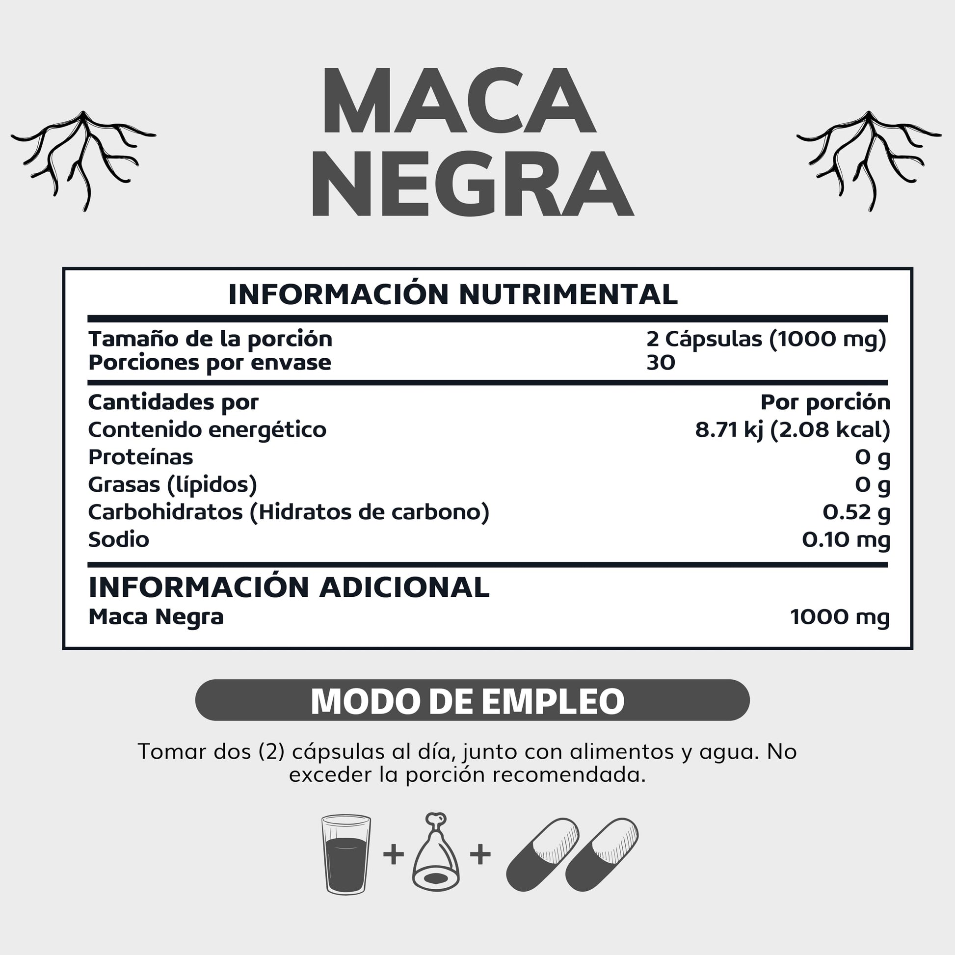 Maca Negra | 1000 mg de Maca Negra Peruana Orgánica por porción | Sin Azúcar - Suplemento Alimenticio Vegano - Ingredientes NON GMO (60 Cápsulas)