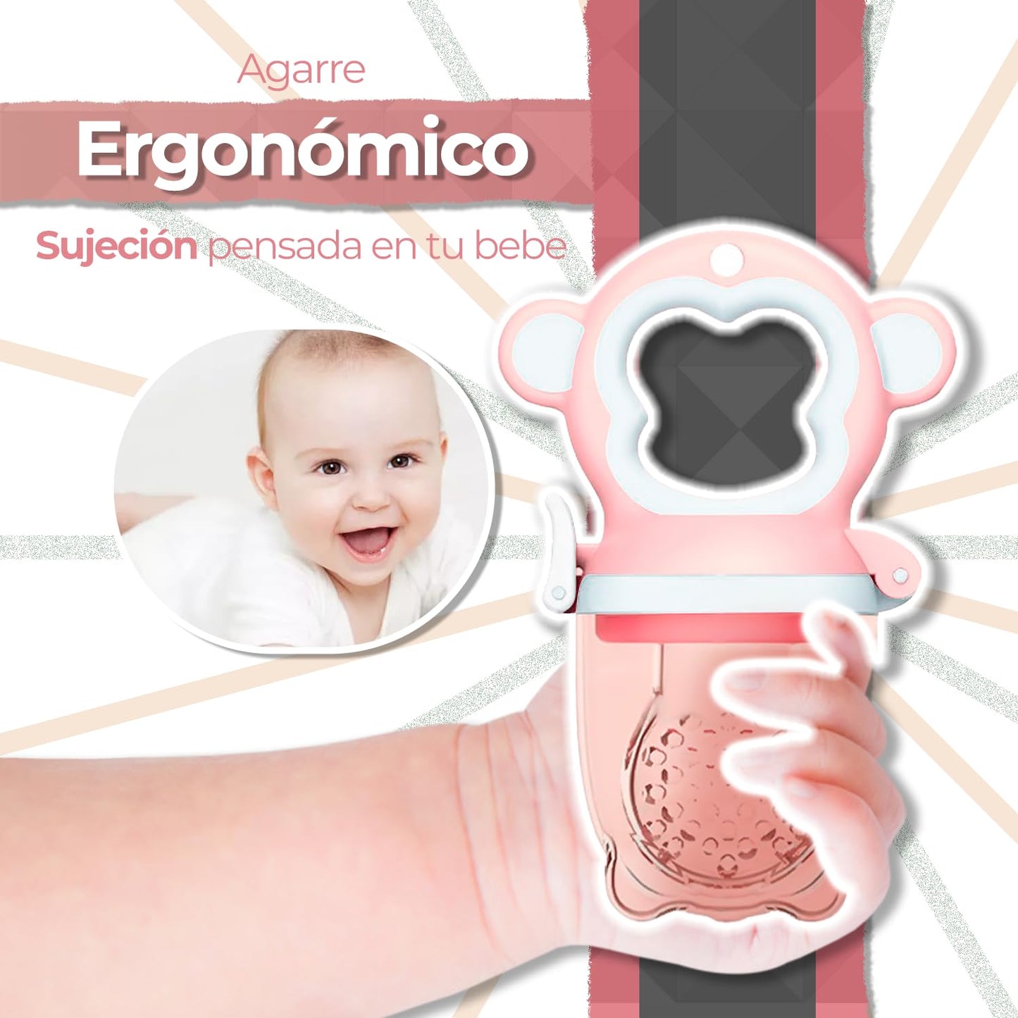 Chupón alimentador para frutas y papillas con seguro y tapa, 4 meses, dibujos animados (monkey rosa)