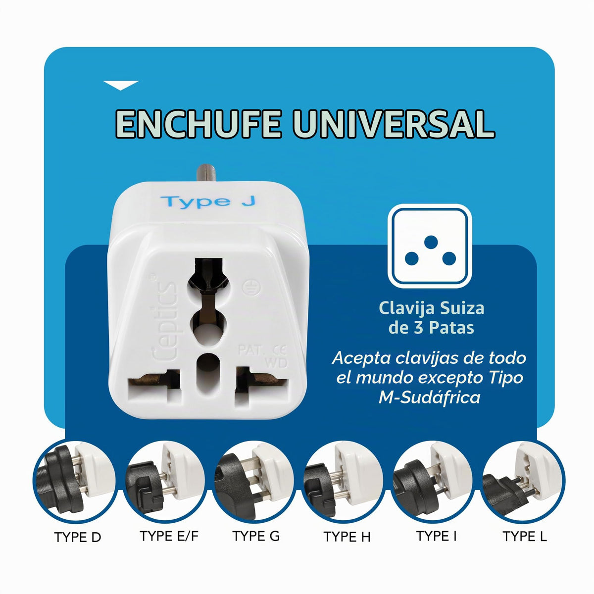 Adaptador de Enchufe de Viaje Ceptics Suiza Tipo J Universal Paquete de 3 Conectado a Tierra