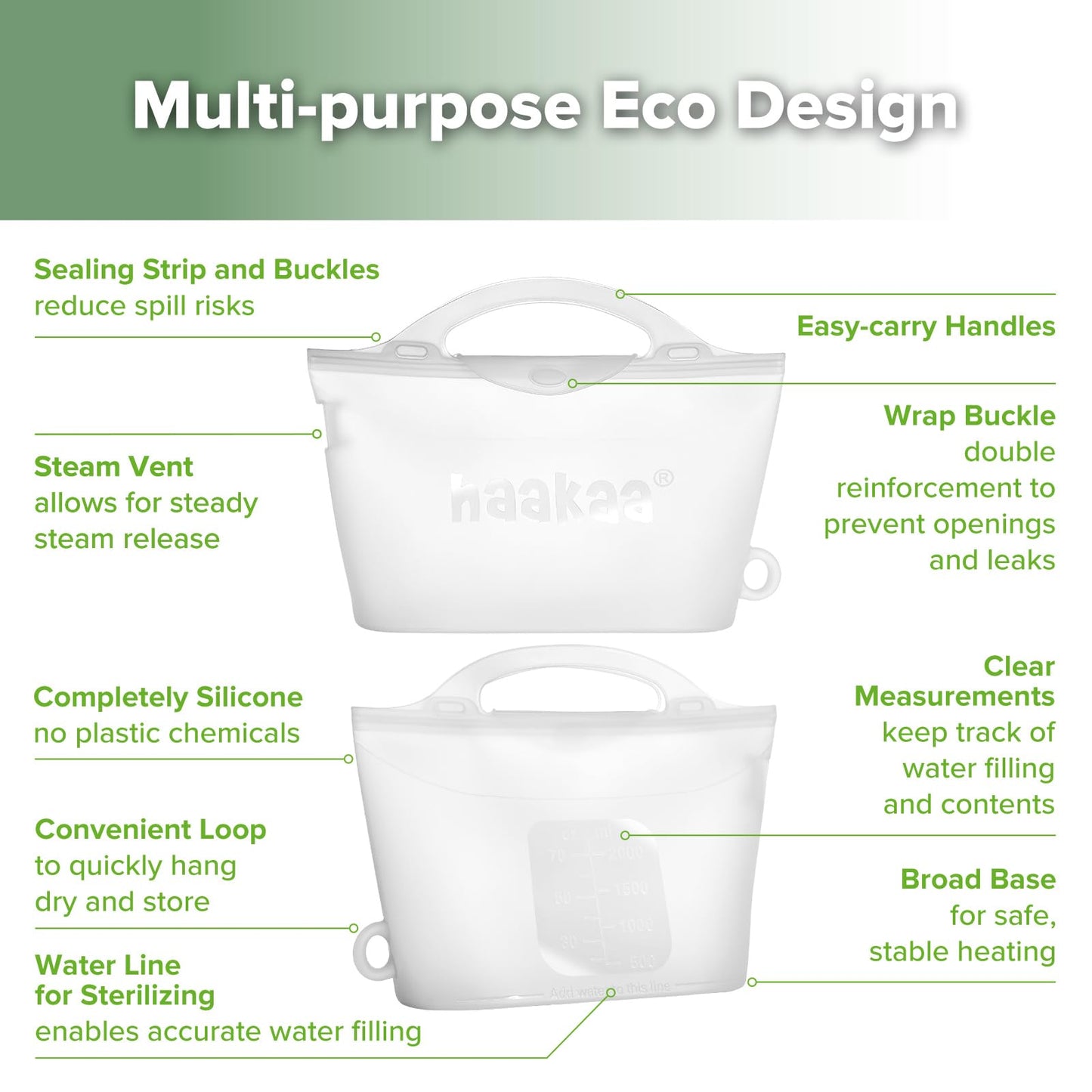 Bolsa de esterilización y vaporización en microondas de silicona Haakaa, 2000ml/70oz de gran capacidad, bolsas de vaporización reutilizables para biberones, extractor de leche, accesorios, chupetes
