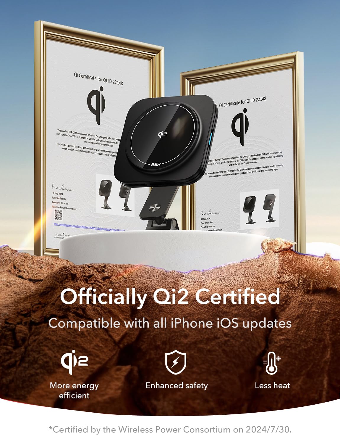 ESR para Qi2 MagSafe Cargador de montaje de coche de 15 W, certificado Qi2, cargador de coche universal Tesla MagSafe, carga inalámbrica magnética, soporte ajustable para teléfono de coche para iPhone