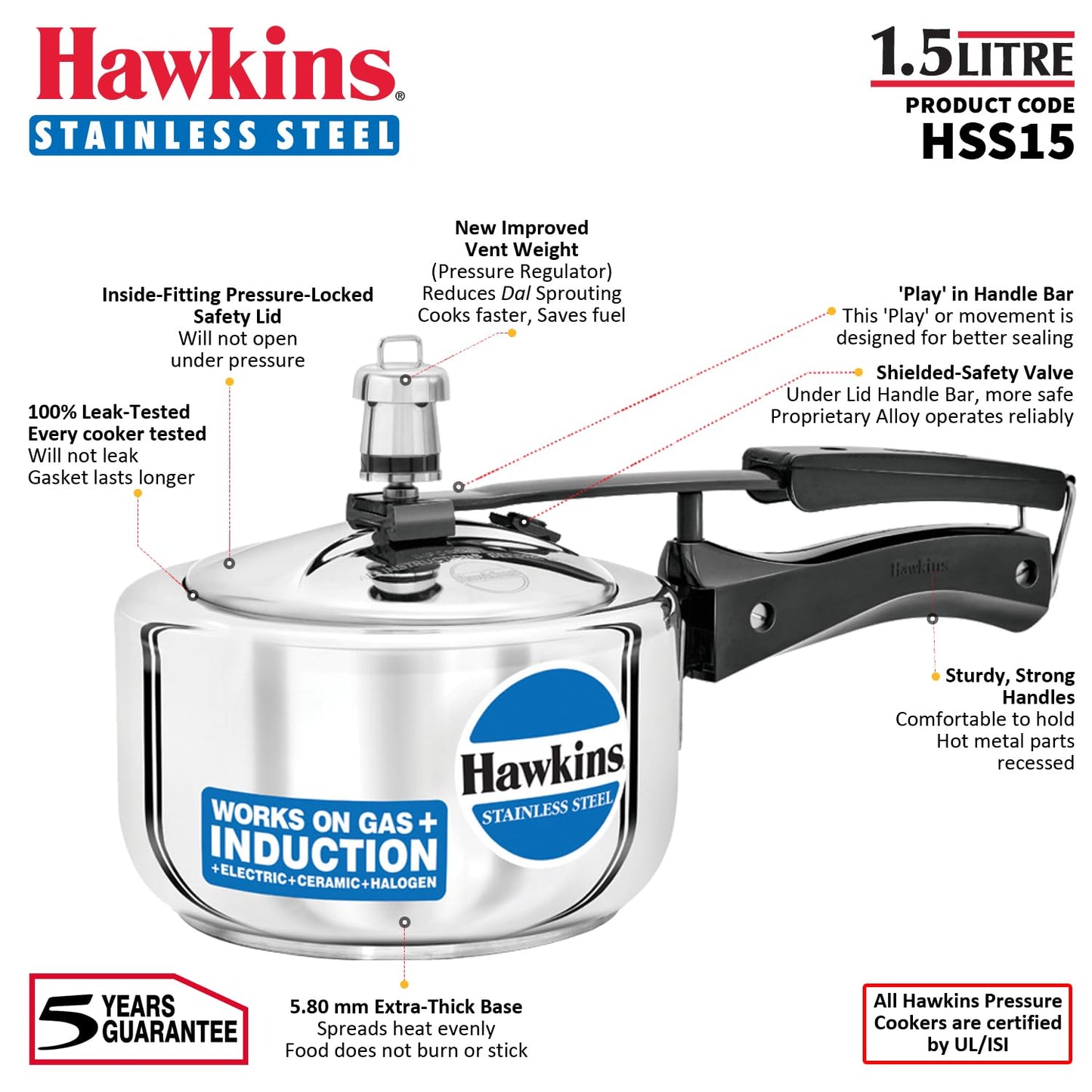 Hawkins HSS15 olla de presión de acero inoxidable, 1,5 litros, color plateado