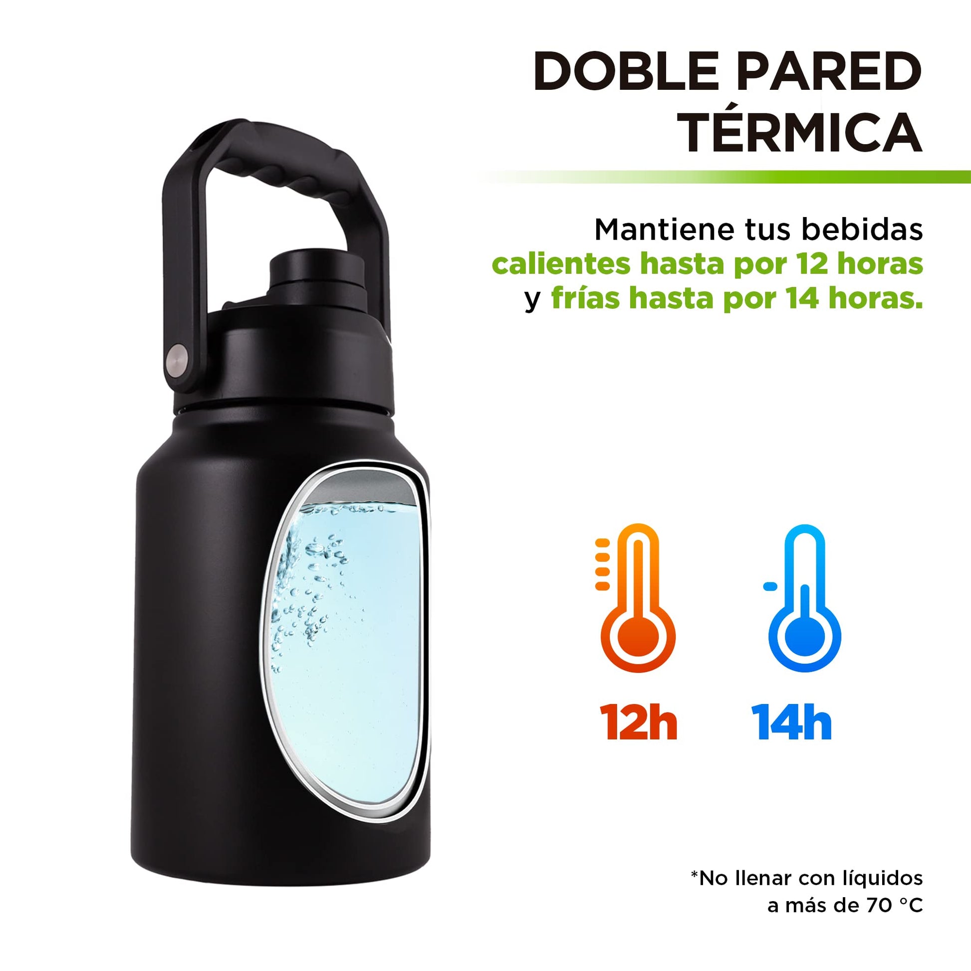 HIKEO Termo Jumbo XL Acero Inoxidable 1.89 Litros Extra Grande, Botella de Agua Hermética con Doble Pared de Aislamiento Térmico, 14 Horas Agua Fría y 12 Horas Agua Caliente, para Camping y Deportes