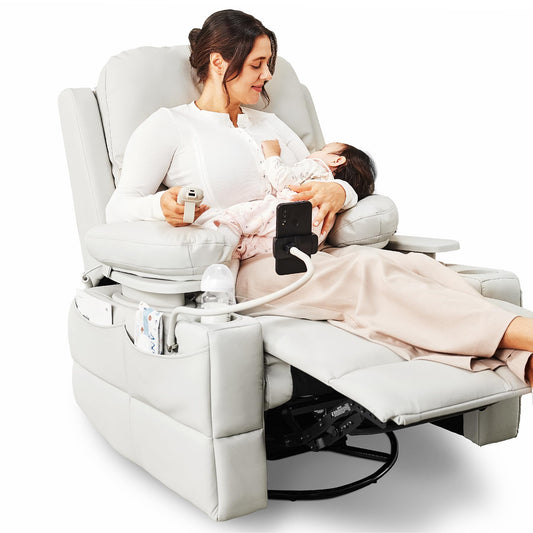 MAMAZING - Silla mecedora para guardería con reposabrazos ajustables, silla reclinable con planeador eléctrico para lactancia, silla reclinable giratoria con puerto USB y almacenamiento, certificado