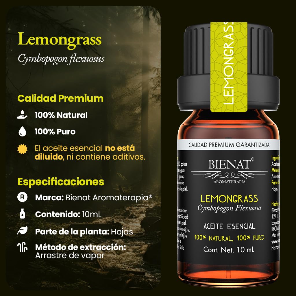 BIENAT AROMATERAPIA Aceite Esencial de Lemongrass 10mL | 100% Puro y Concentrado | Ideal para Difusor de Aromas, Humidificador, Aromaterapia, Masajes, Meditación, Jabones y Velas | Esencia Natural en Gotas