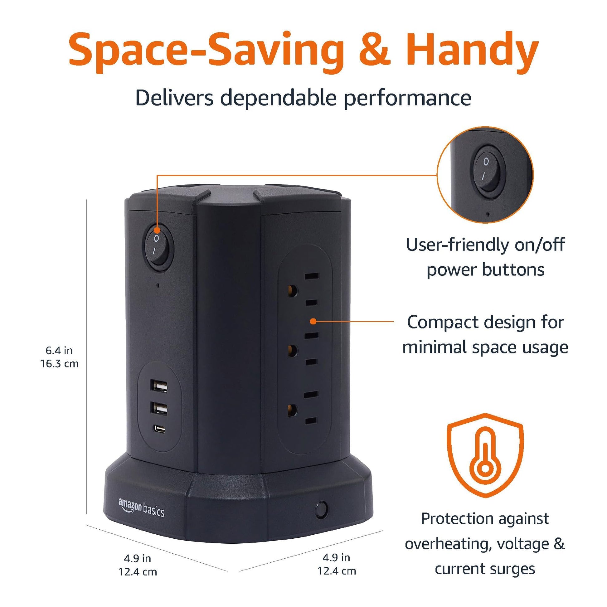 Amazon Basics Power Strip Tower Surge Protector 1080J, 9 Outlet, USB-C, 2 USB-A Port, 15A, 6ft Cord