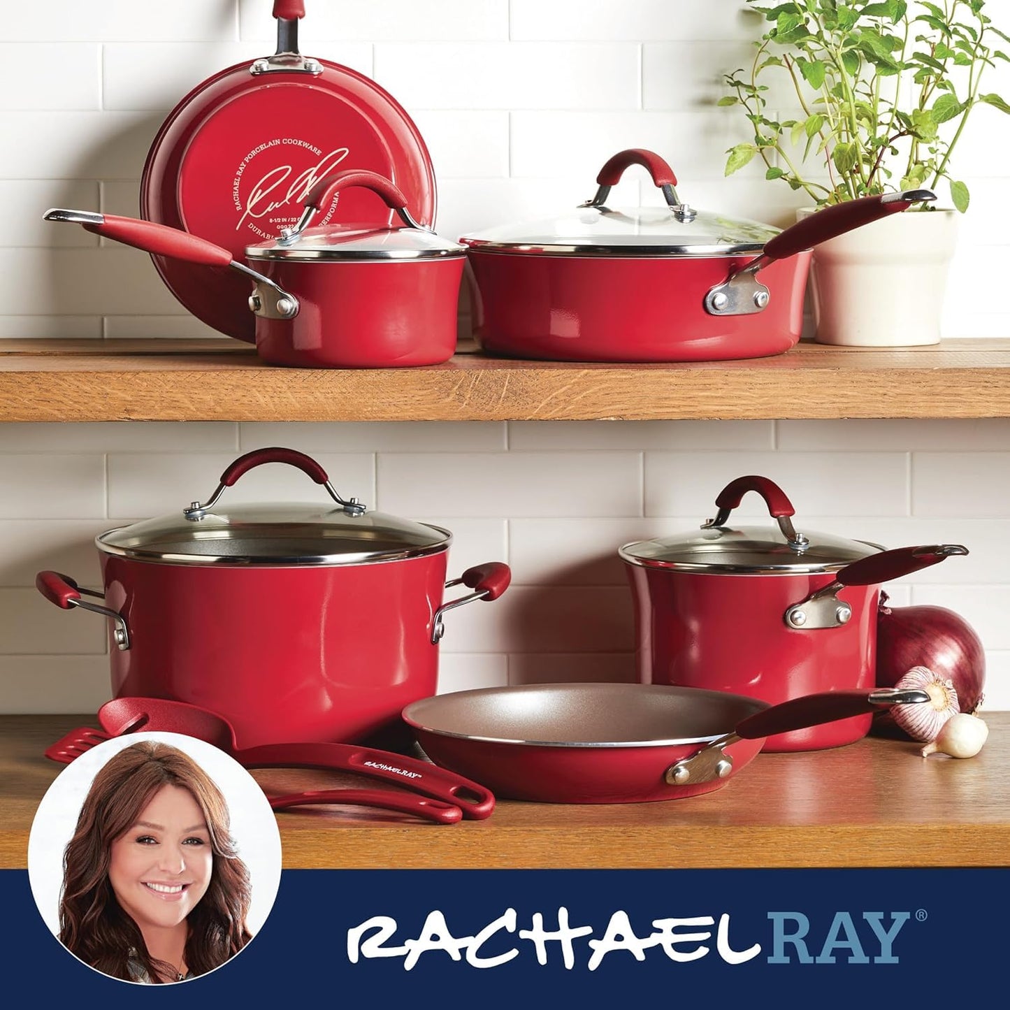 Batería de Cocina Rachael Ray Rojo Pálido Porcelana Dura Antiadhesiva 12 Piezas