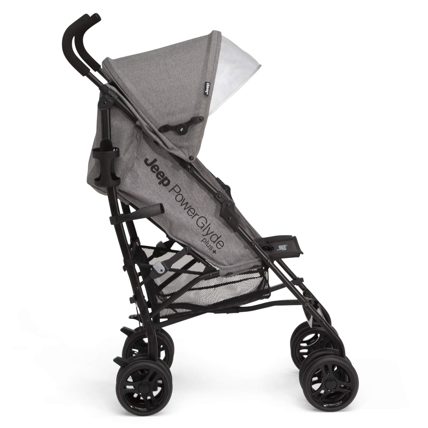 Jeep PowerGlyde Plus - carriola de viaje ligero para niños, con marco de aluminio, reclinación de 4 posiciones, cesta de almacenamiento extragrande, gris