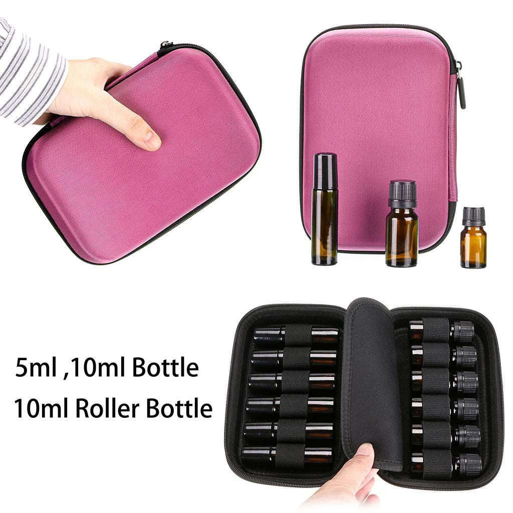 Hipiwe Hard Shell Essential Oil Carrying Case Holds 12 Bottles (Can hold 5ml, 10ml, &10ml Rollers) Travel Size Essential Oils Bag Organizer Perfect for Young Living, doTERRA, and more (Pink)