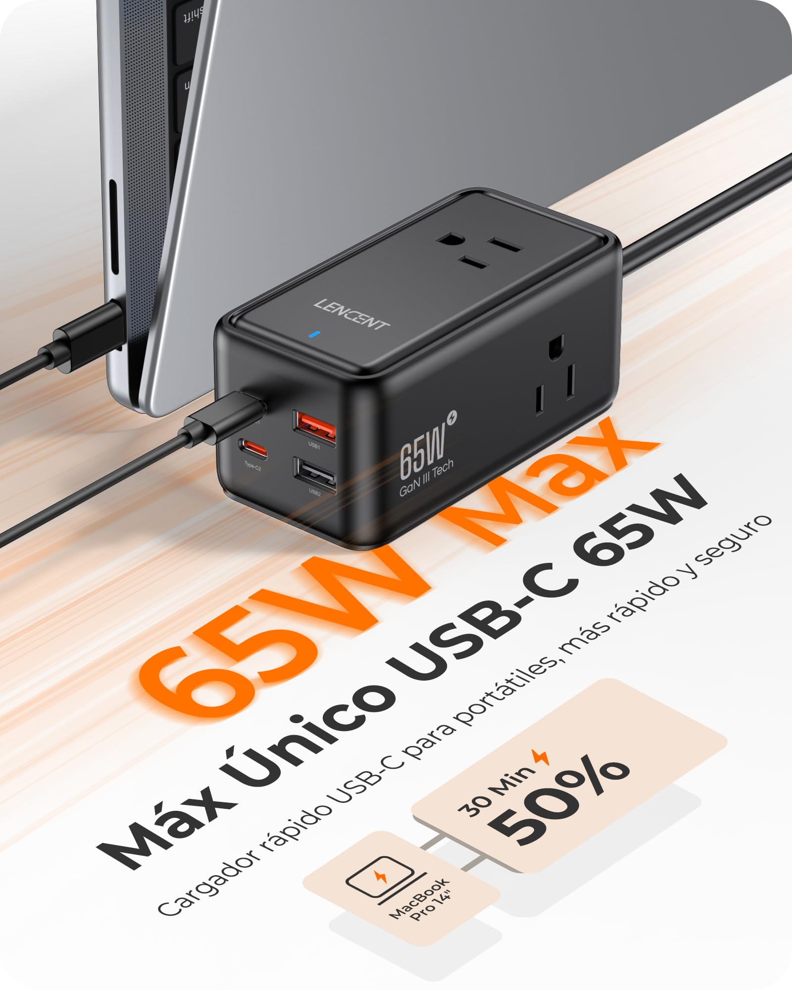 LENCENT Cargador USB C y PD 65W, Cargador Rápido GAN III Tech con 3 Tomas CA + 4 Puertos USB, Estación de Carga USB C de Cable para iPhone, iPad, Macbook, Galaxy, Huawei, Switch y más, Negro