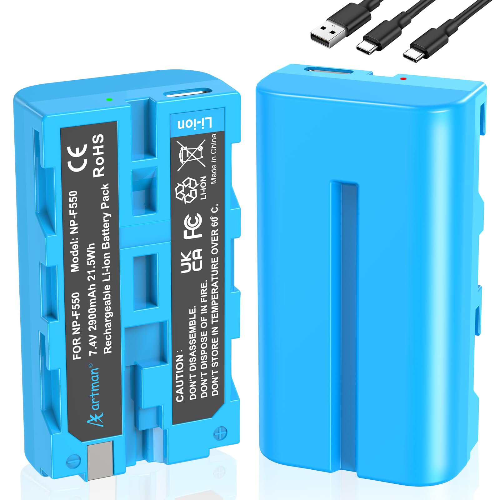 Artman Batería Mejorada NP-F550 2900mAh 2-Pack con Puerto de Carga Directa Tipo-C para Sony NP-F970 F750 F550 F330 F530 F570 F770 F960, CCD-SC55, TR516 TR716 TR818 TR910 TR917 Luz LED, Monitor (Azul)