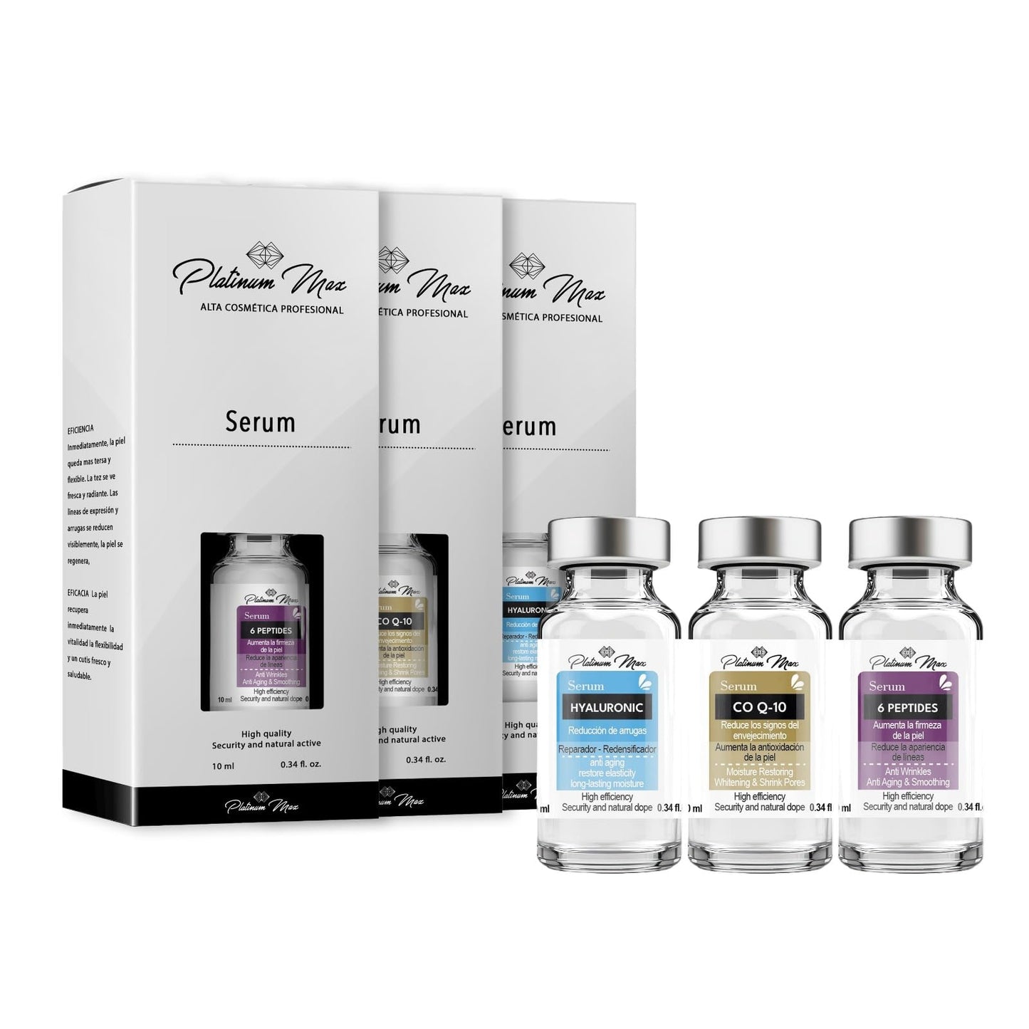Set de Serums Faciales PLATINUMMAX Coenzima Q10 6 Péptidos Ácido Hialurónico