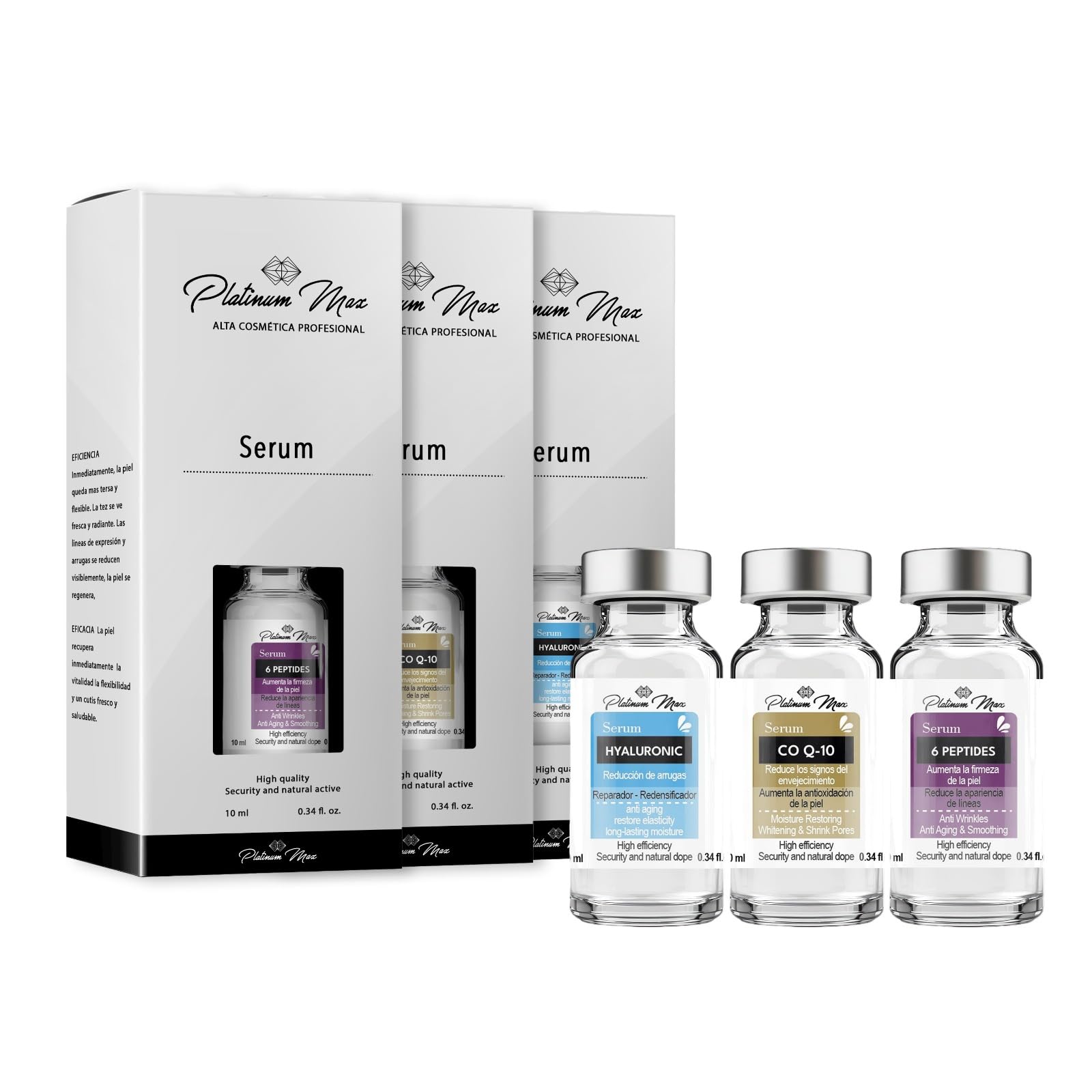Set de Serums Faciales PLATINUMMAX Coenzima Q10 6 Péptidos Ácido Hialurónico