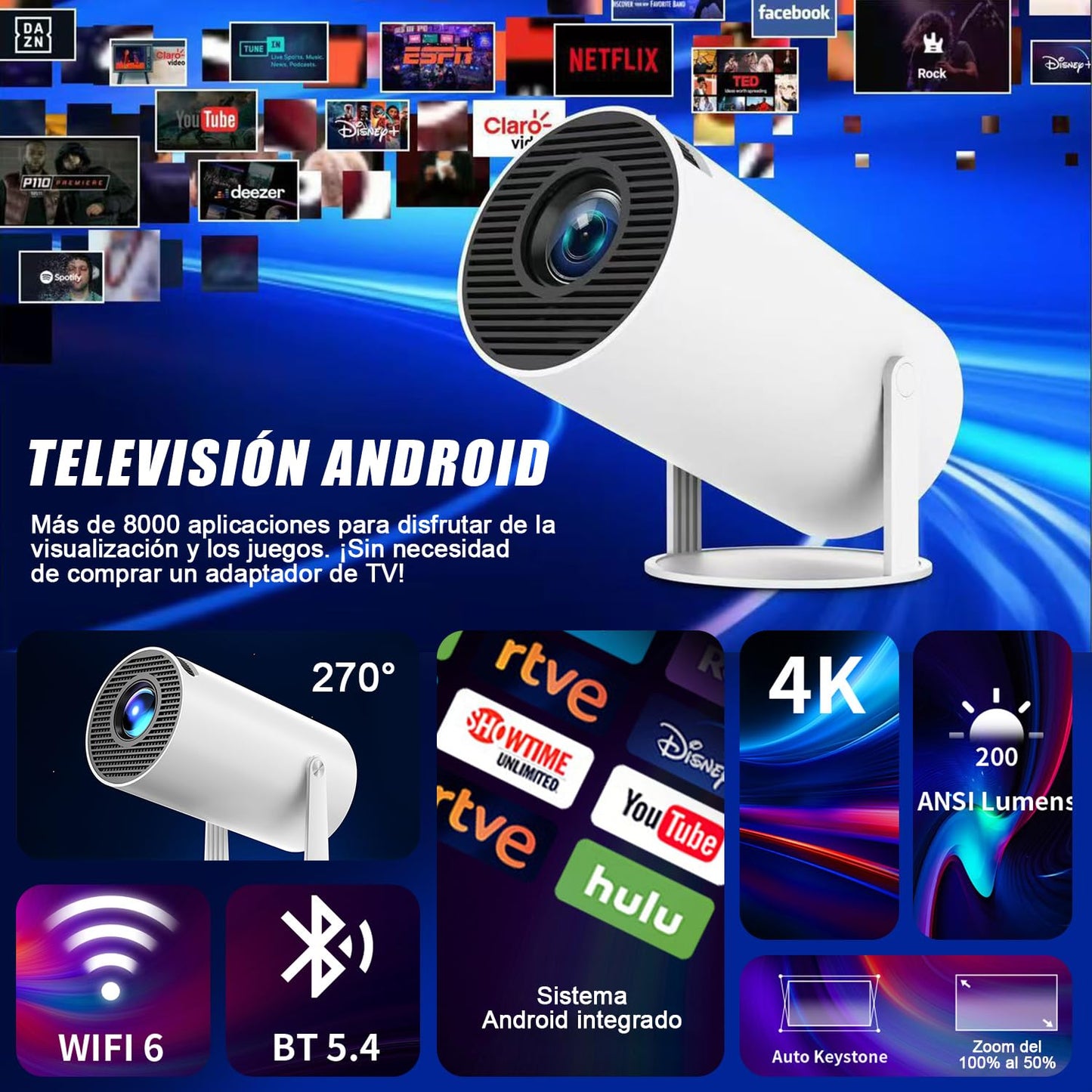 STRDIT Proyector 4k, Mini Proyector Portatil con Android, Proyectores Inteligente 200 ANSI con WiFi 6, BT 5.4, Pantalla de 200 Pulgadas, Giro de 270 Grados, Compatible con HDMI/iOS/Phone/PC/PS