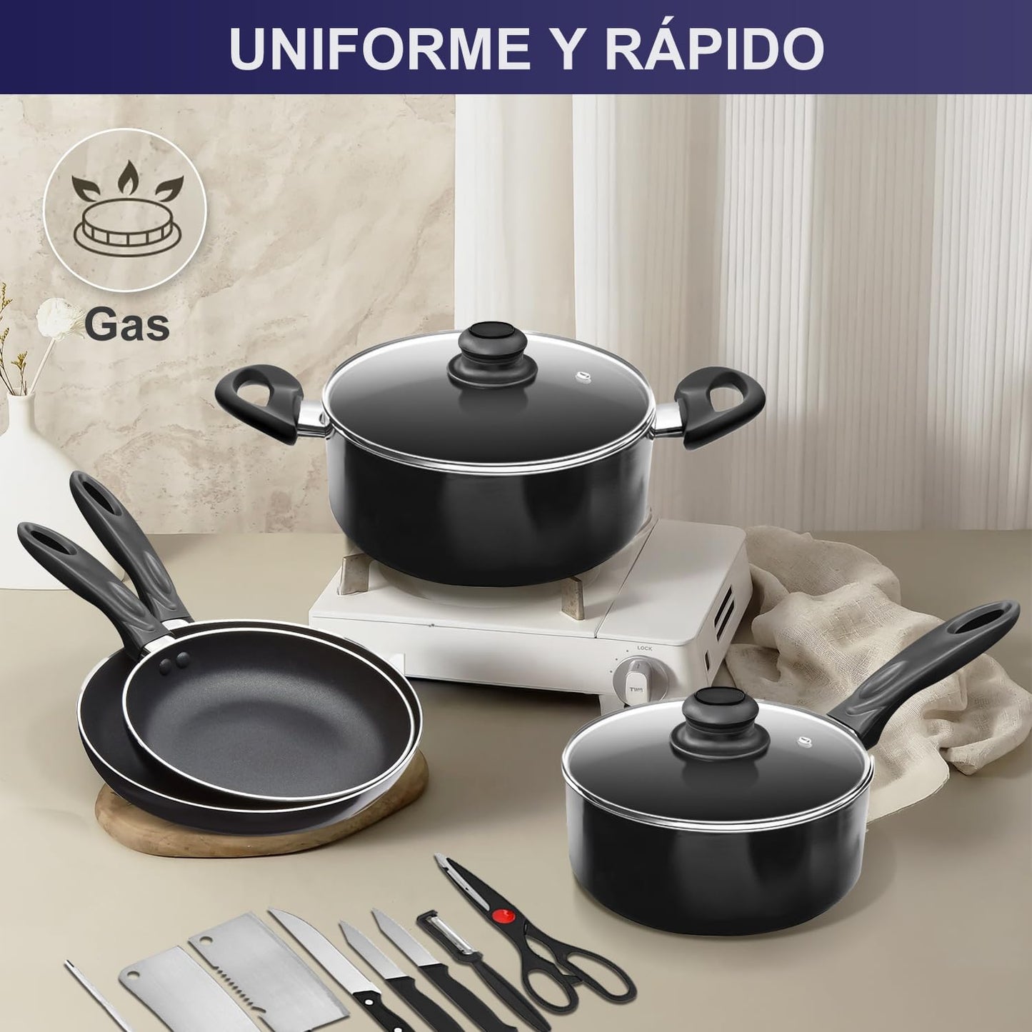 LINGLUCKY Sartenes Antiadherentes con Tapa,Bateria de Cocina, Juego de ollas y sarten 23 Piezas con Sartén, Cazos,Ollas,Cuchillos y Espátula,Juego de Utensilios de Cocina de Color,Negro