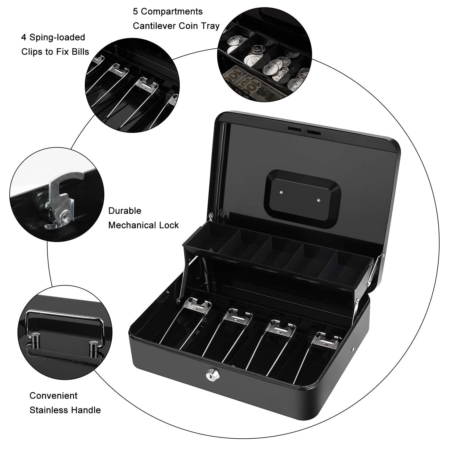 Caja de Efectivo XY-Firestar Negra con Llave y Bandeja para Billetes