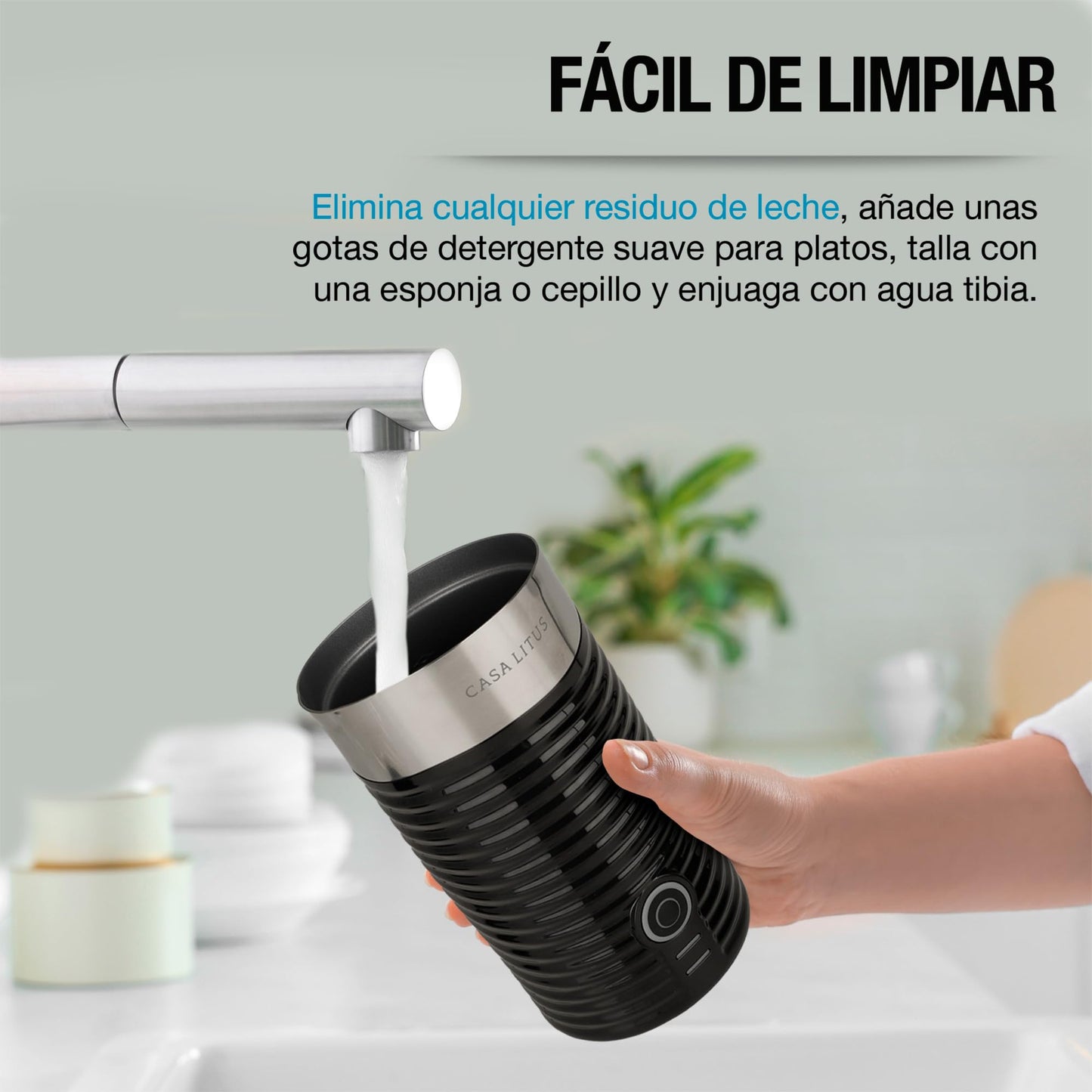 CASA LITUS Espumador de Leche Eléctrico Profesional de Acero Inoxidable (190 ml), Calienta y Espuma en Segundos, Batidora para Capuchino, Latte, Matcha y Chocolate, Leche Caliente y Fría, Mod. Beirut