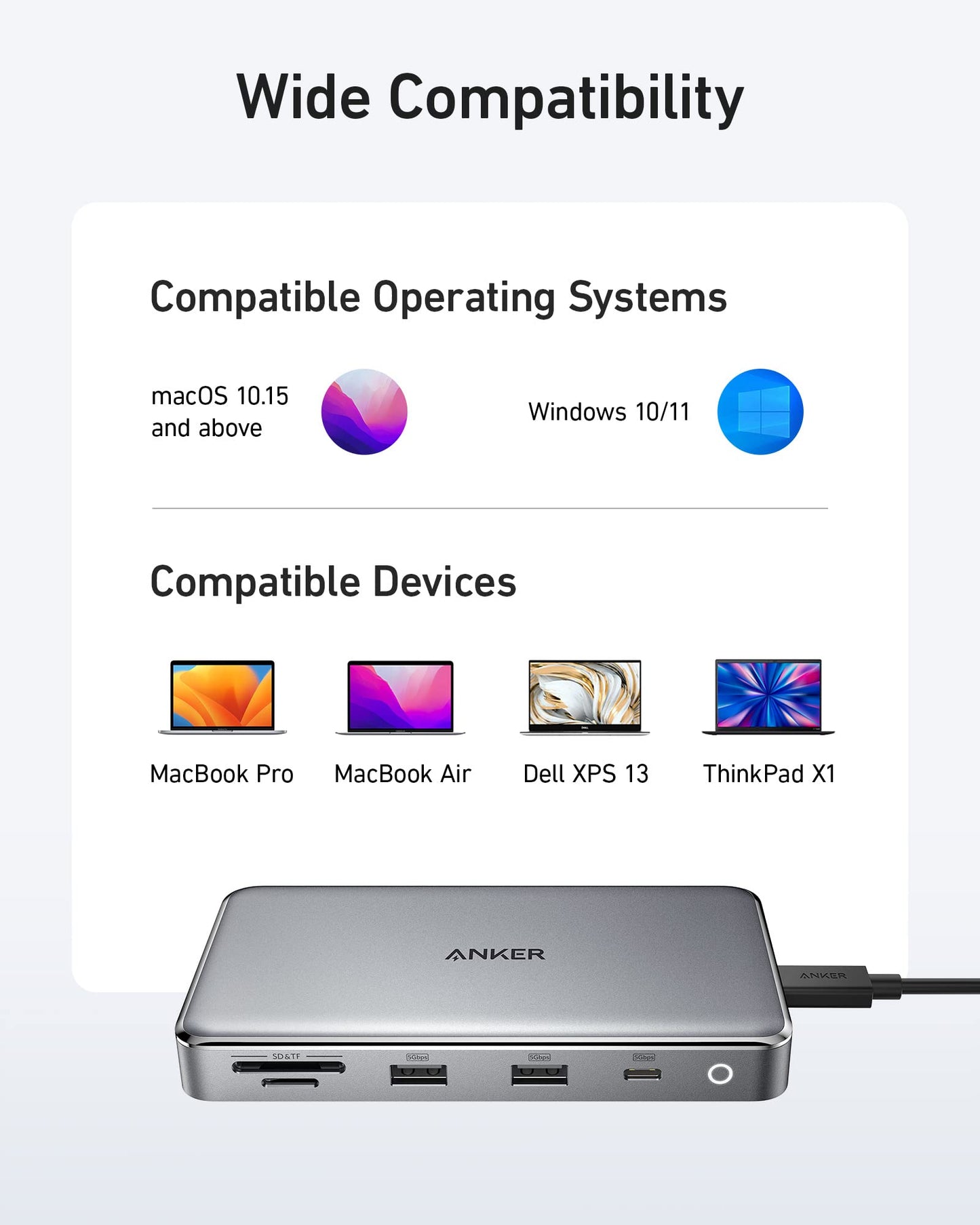 Concentrador USB-C Anker Negro 10 en 1 HDMI 4K Dual para Portátiles Windows