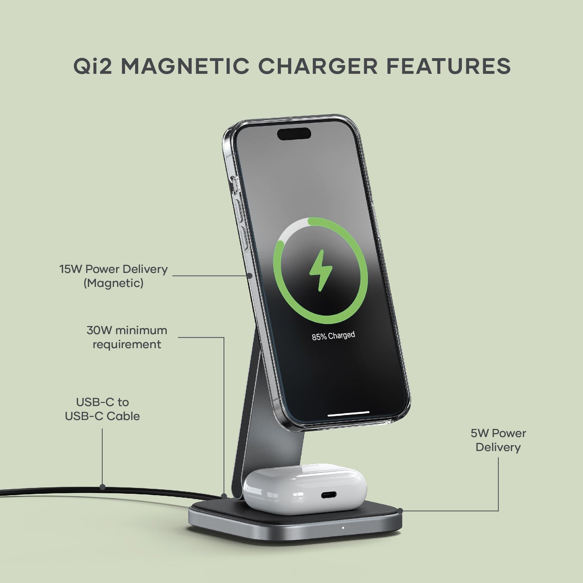 Cargador Inalámbrico SATECHI Negro 2 en 1 Dual Qi2 15W Magnético Plegable para iPhone y AirPods