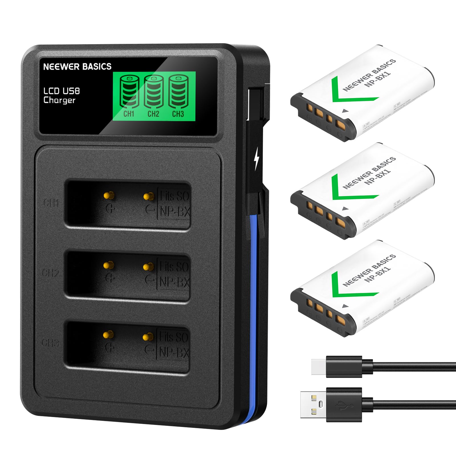 Paquete de Baterías Repuesto Neewer, Blanco, con Cargador Triple USB Compatible con Sony ZV1, ZV-1 II, Cybershot RX100