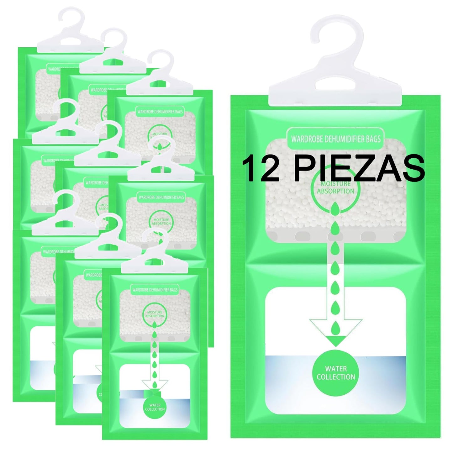 Bolsa Deshumidificadora - 12 Bolsas de 120g, Absorbe Humedad de Forma Eficiente, Ideal para Closets, Armarios, Cocinas, Baños y Sótanos, Reduce Olores y Mantiene el Ambiente Seco, Sin Fragancia