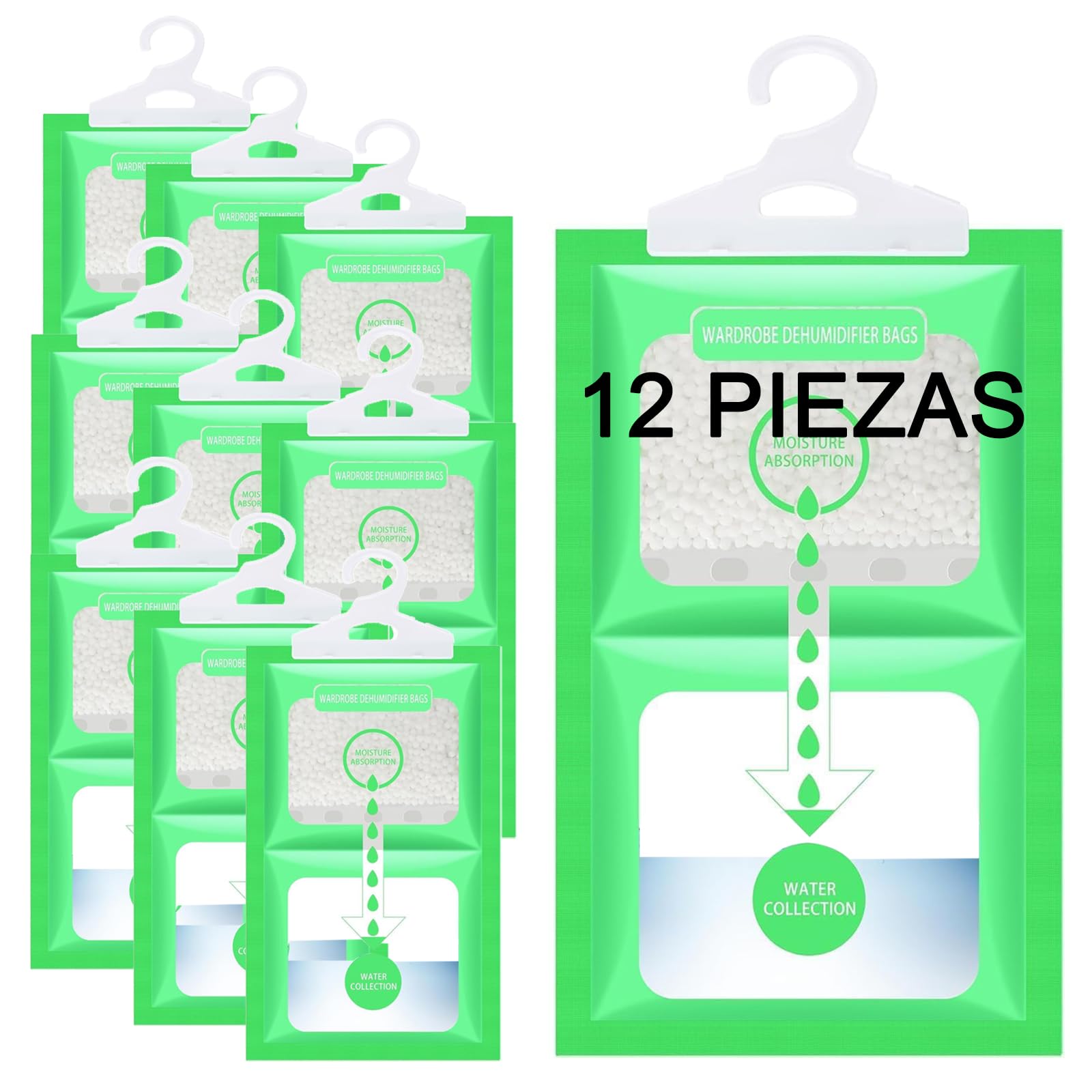Bolsa Deshumidificadora - 12 Bolsas de 120g, Absorbe Humedad de Forma Eficiente, Ideal para Closets, Armarios, Cocinas, Baños y Sótanos, Reduce Olores y Mantiene el Ambiente Seco, Sin Fragancia
