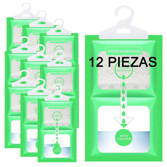 Bolsa Deshumidificadora - 12 Bolsas de 120g, Absorbe Humedad de Forma Eficiente, Ideal para Closets, Armarios, Cocinas, Baños y Sótanos, Reduce Olores y Mantiene el Ambiente Seco, Sin Fragancia