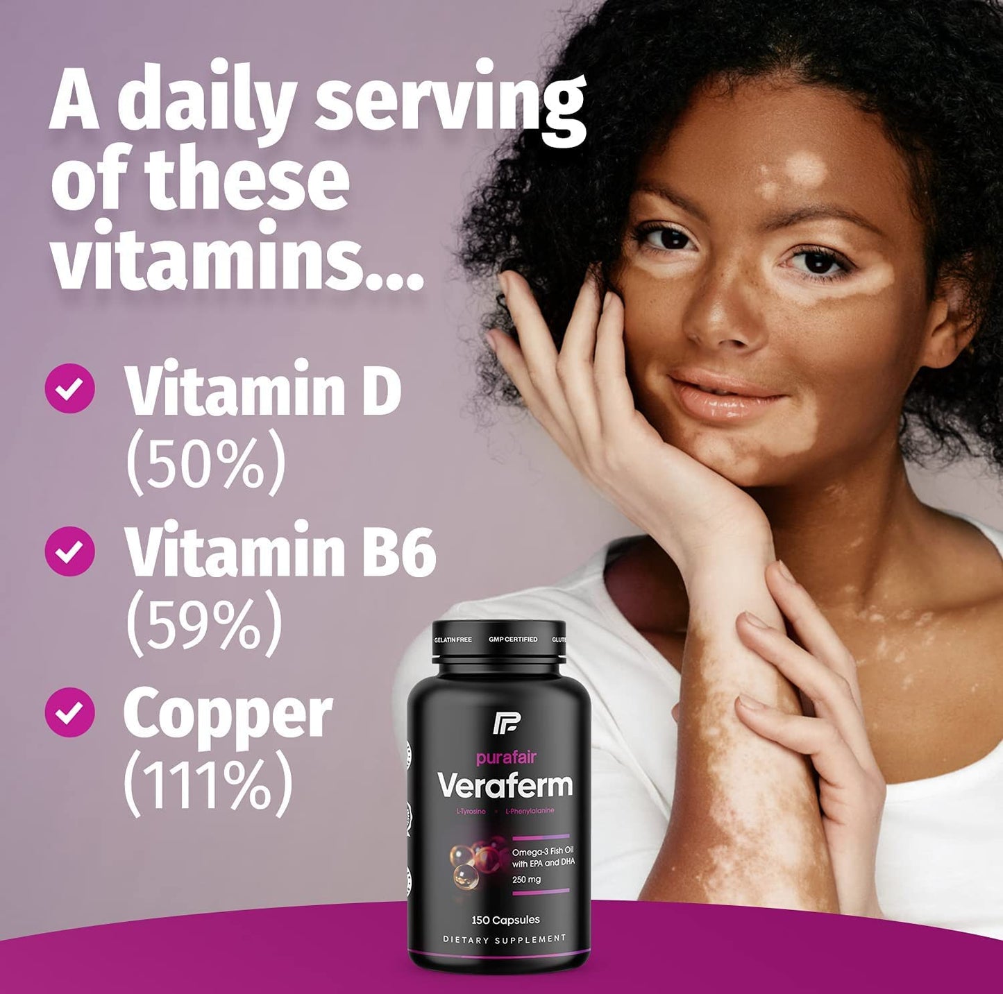 purafair Nomuk Veraferm for Vitiligo Treatment - Improve Skin Pigmentation by Getting Rid of White Spots on Skin - These Vitiligo Pills Include: Omega 3, Phenylalanine, Tyrosine, Copper, Vitamin D & B6-150 Capsules