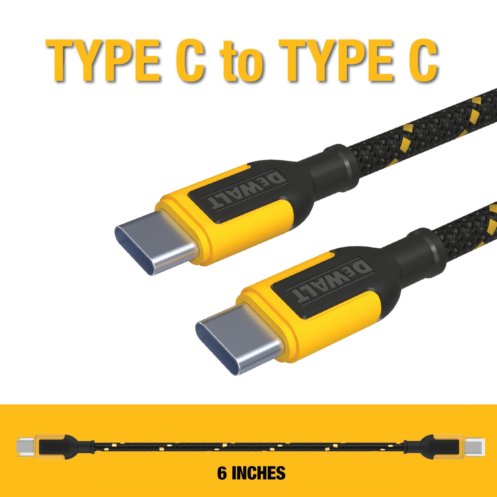 DEWALT Cable corto USB C a USB C 60W (2 Pack 6in.), Cable duradero Tipo C de carga rápida trenzado de nylon, Compatible con iPhone Serie 16/15, Android Samsung Galaxy S24/S23/S22/ Ultra, iPad Pro
