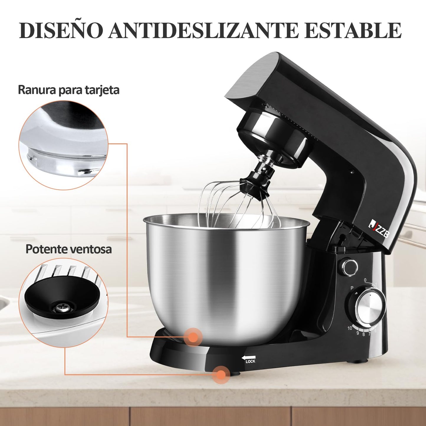 Batidora de Pedestal JZZB Negra de 10 Velocidades con 6 Accesorios para Repostería y Panadería en el Hogar