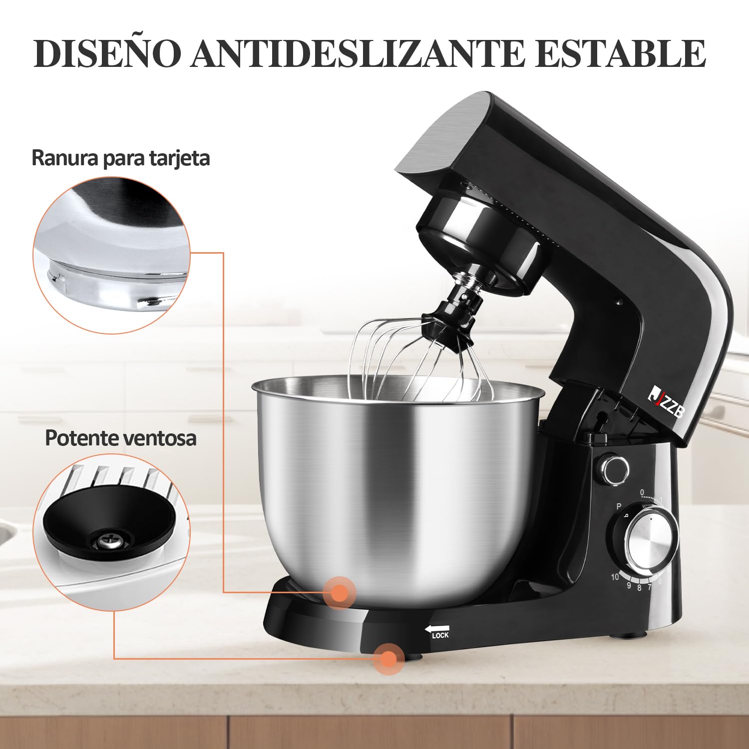 Batidora de Pedestal JZZB Negra de 10 Velocidades con 6 Accesorios para Repostería y Panadería en el Hogar