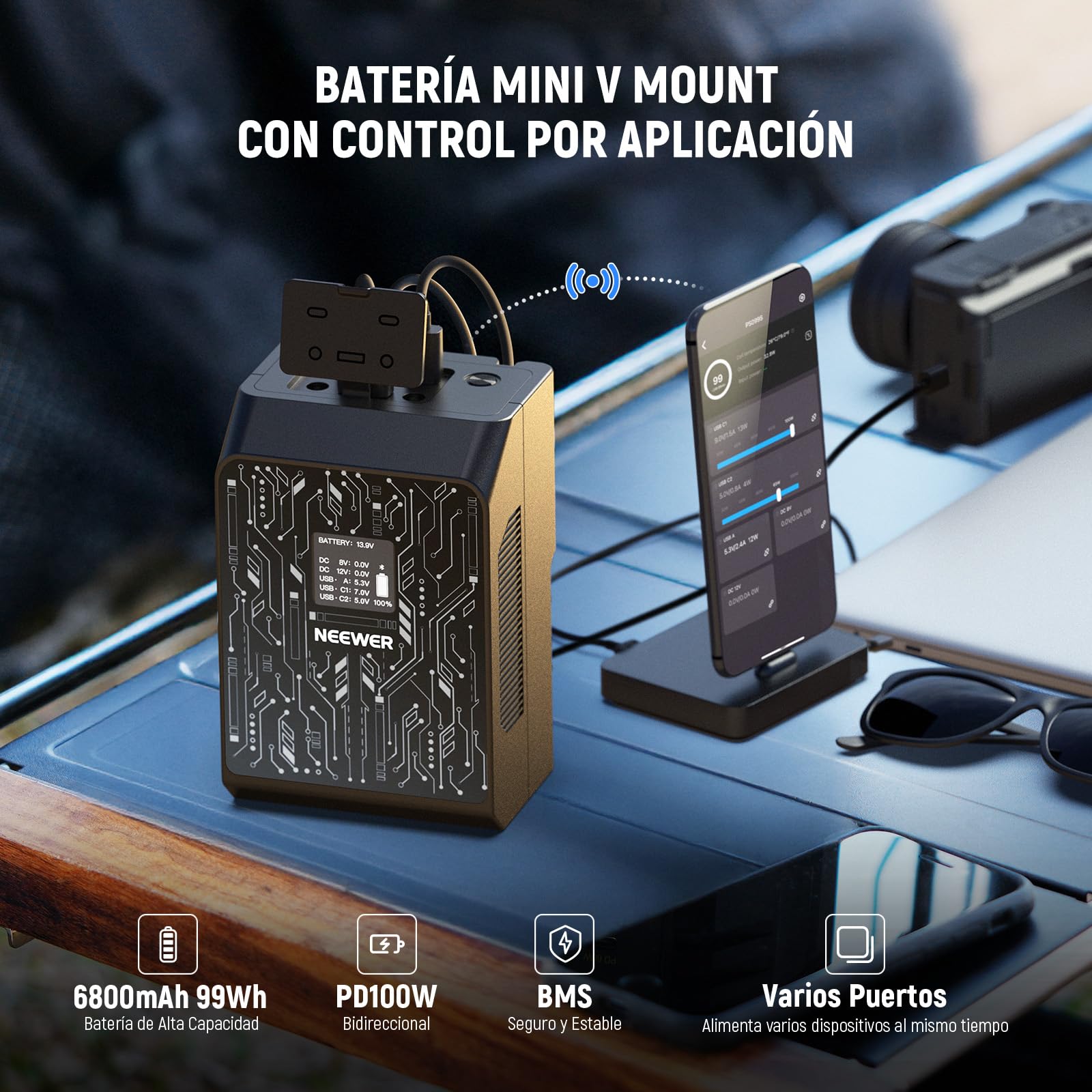 Batería Mini V Mount NEEWER Negra con Control App y Carga Rápida para Cámara y Luz Video