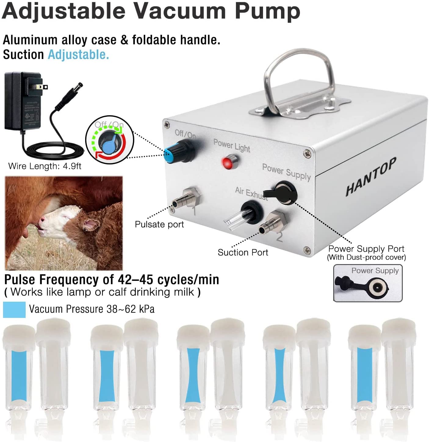 Hantop - Máquina de ordeño de vaca de 12 L, alimentada con enchufe, bomba de aspiradora pulsante de velocidad ajustable, cubeta de leche de acero inoxidable 304 de grado alimenticio, válvula de