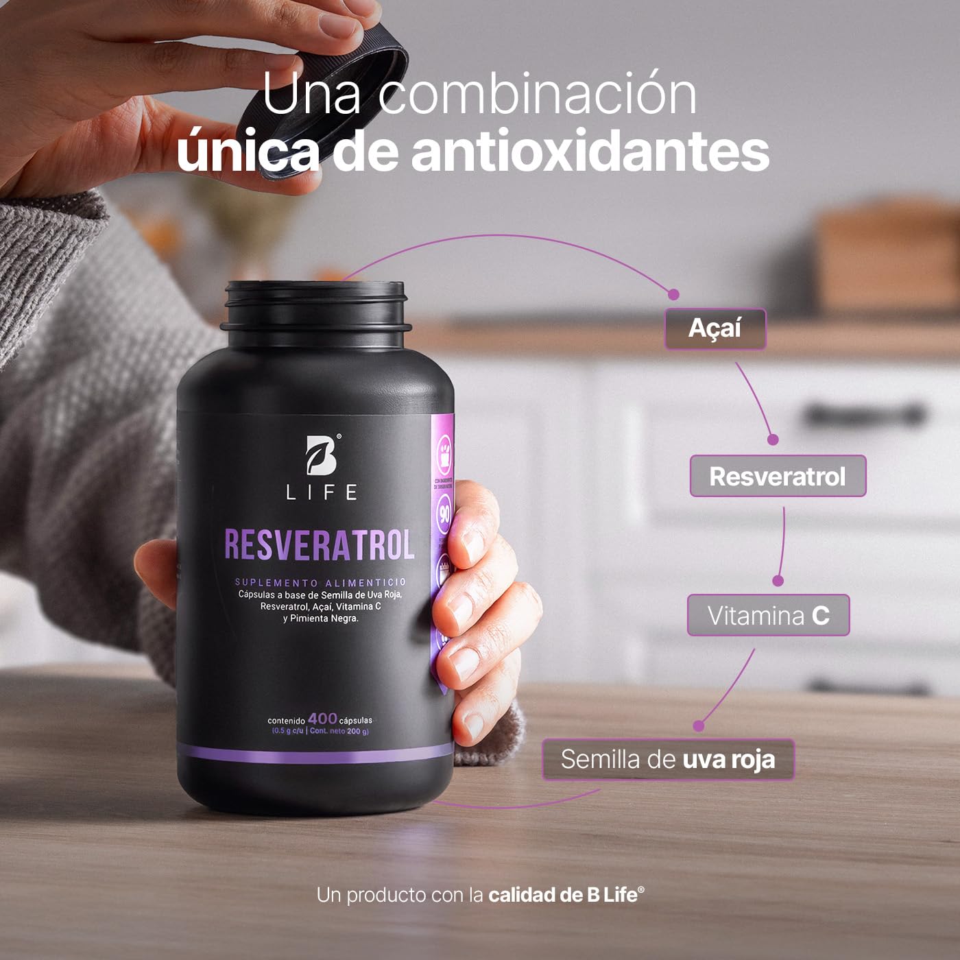 B Life Resveratrol | Antioxidante de 1000 mg por porción | 400 Cápsulas | Pimienta negra, Uva Roja, Acai y Vitamina C | Ingredientes Naturales | Resveratrol.