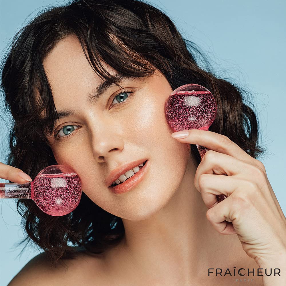 FRAÎCHEUR ICE Globes | Frozen Cryo Roller for Cold Facial Massage | Skincare Cooling Glass Massager with Anti-Freeze Liquid Inside | Reduce Puffiness, Pores (Pink with Glitters)