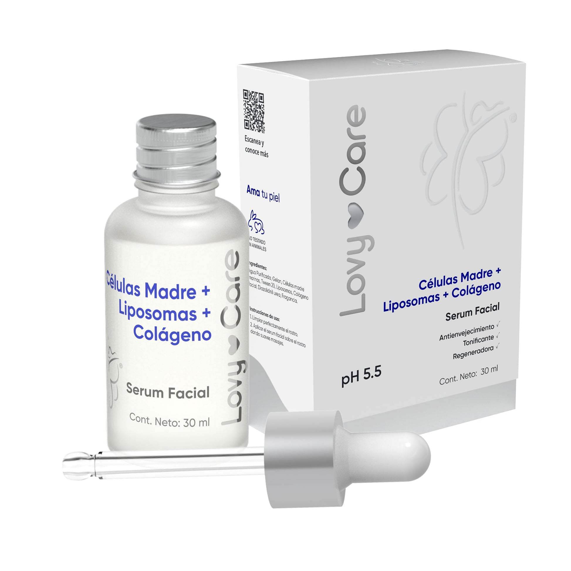 Lovy Care Serum Facial Cells Madre + Liposomes + COLAGENO tonificante, Regeneradora + pH 5.5 piel Sana
