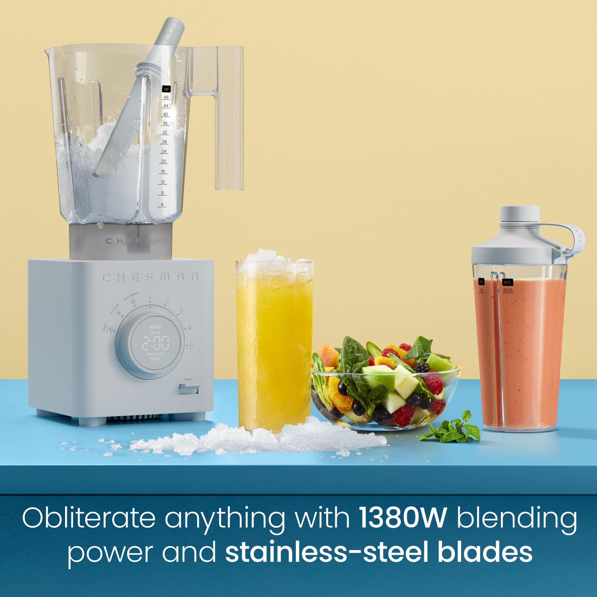 Chefman Obliterator - Licuadora de encimera de 40 onzas para batidos, motor de 1380 W para aplastar hielo, nueces y frutas congeladas con hoja de acero inoxidable, función de mezcla automática,