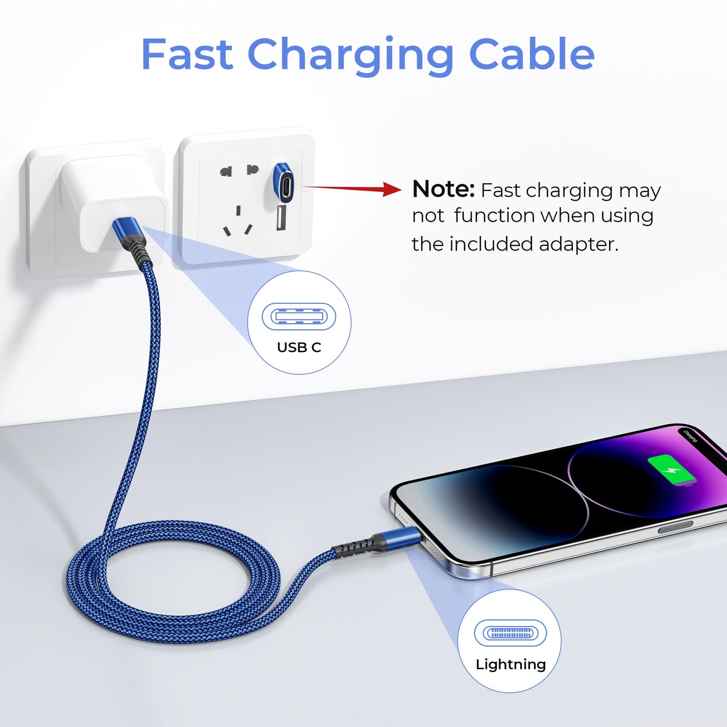 Basesailor Cable USB C a 3M con Adaptador USB A,Cable Tipo C Cargador Carga Rápida PD para iPhone 11 12 13 14 Mini Pro,2020,SE,Airpods 3,iPad 8 9 Generation 2021 2022