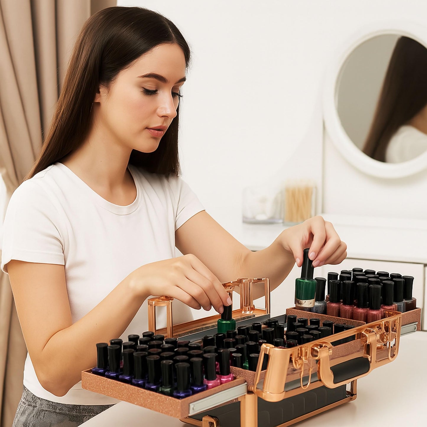 Ver Beauty Rose gold acrylic armored easy slide tray professional cosmetic makeup nail case with foundation holder - vp014, Rose Gold Acrylic